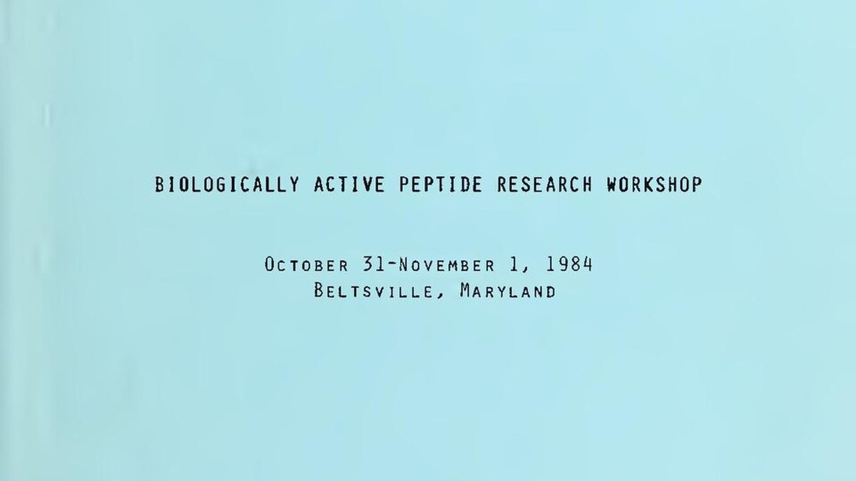 Archival cover of a biologically active peptide research workshop from 1984 — the solid-phase synthesis lineage behind modern custom designer peptides, a Panacea Bio Chem brief by Bogdan Dicoias